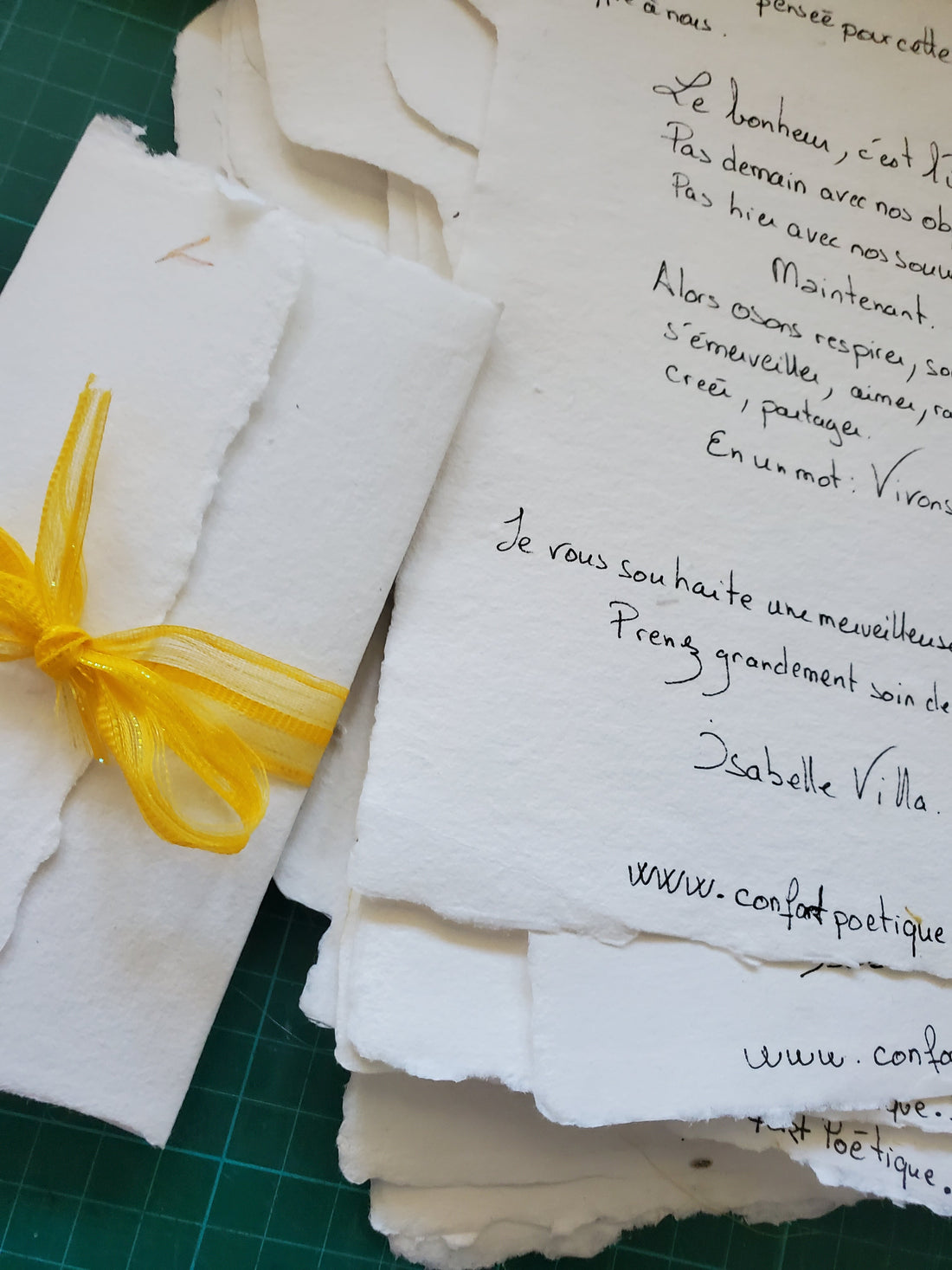 Lettre manuscrite sur papier fait main avec fleurs de calendula Confort Poétique