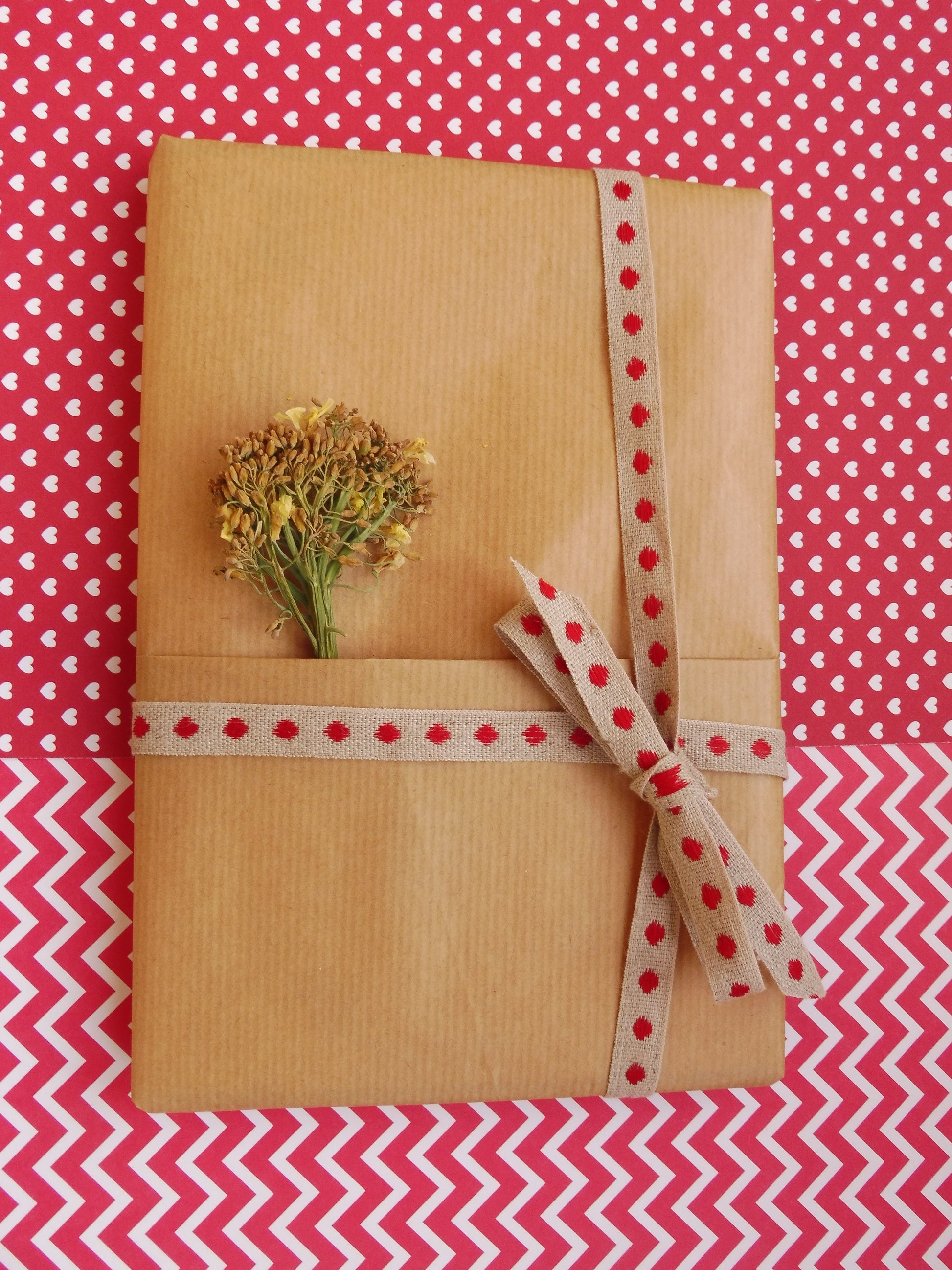 Carnet A5 Mystère sur fond rouge et blanc, emballé dans un paquet cadeau de kraft brun, un bouquet de brocoli en fleurs séchées.
